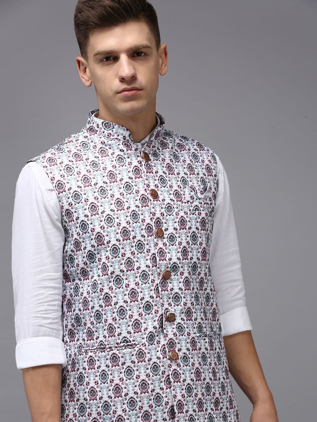 SHOWOFFFF Men White Floral-Printed Woven Nehru Jacket - view 1