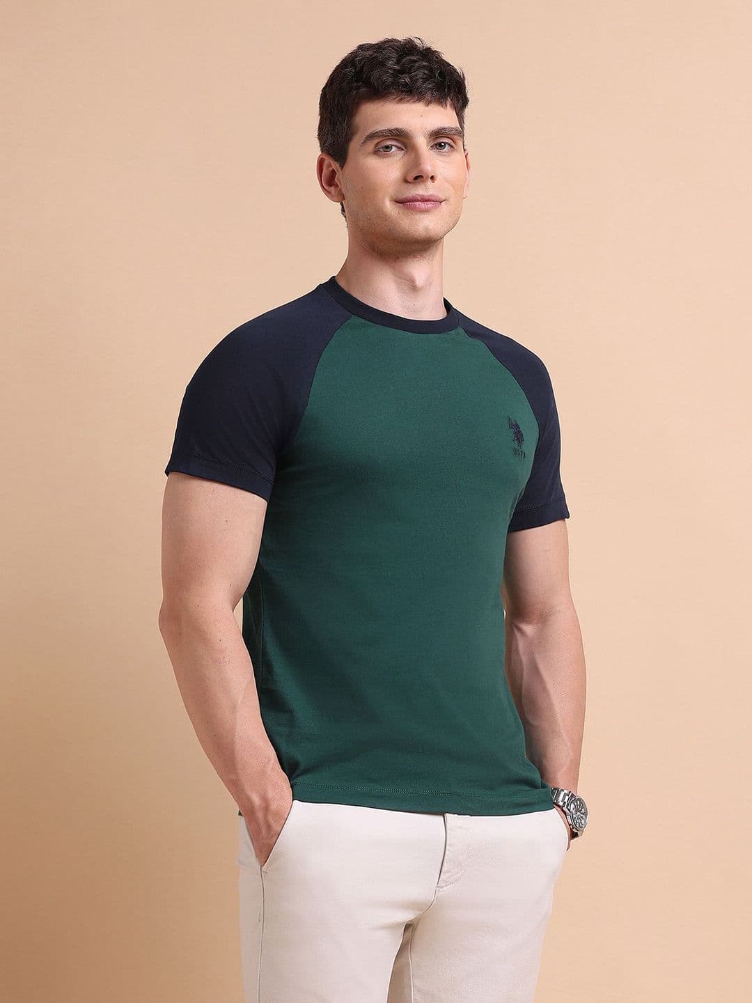 U.S. Polo Assn. U S Polo Assn. Men Green & Black Varsity Colourblocked Cotton T-Shirt - view 1