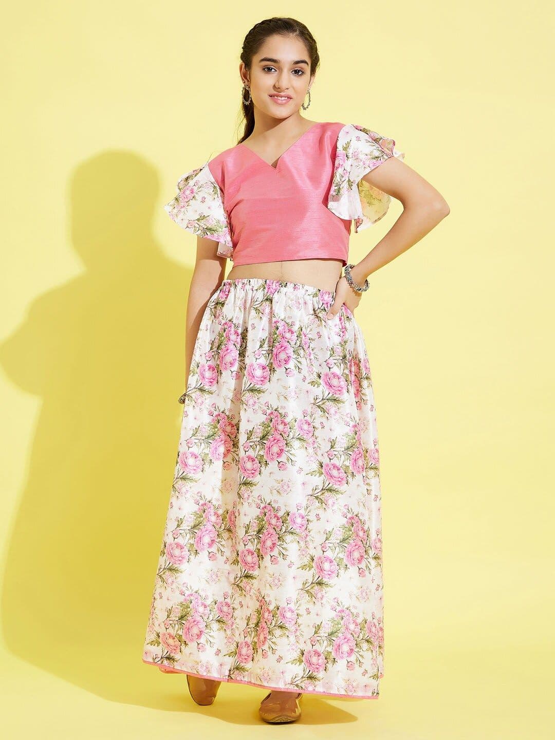 VASTRAMAY Girls Pink & White Ready to Wear Lehenga & Choli - view 1