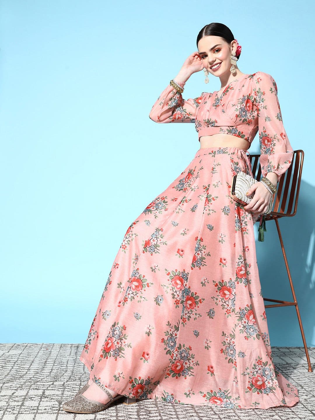 Shae by SASSAFRAS Women Peach-Coloured & Red Printed Ready to Wear Lehenga Choli - view 1