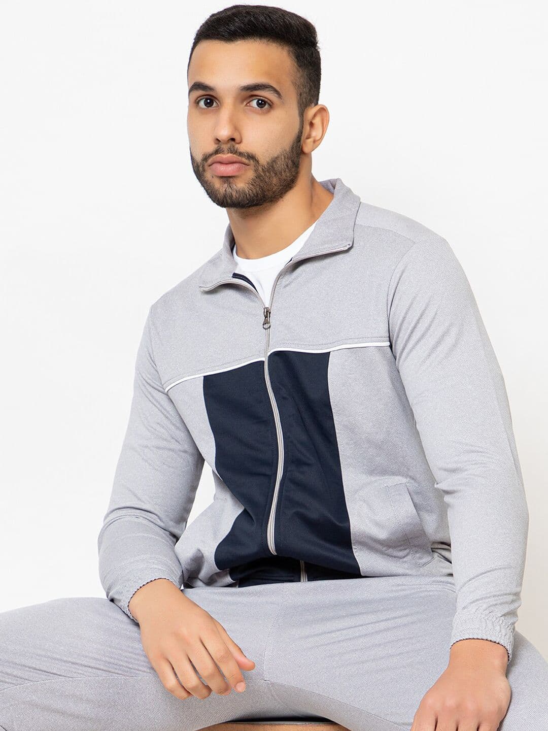 ARMISTO Men Grey Melange Navy Blue Colourblocked Water Resistant Dry Fit Open Front Jacket - view 1