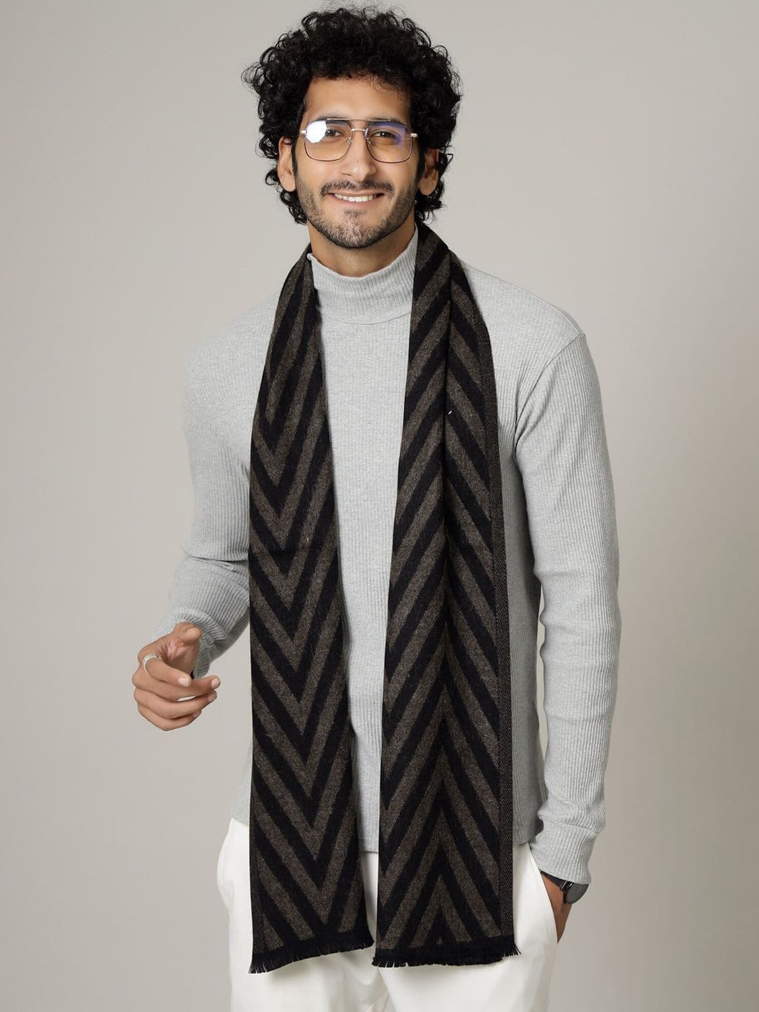 HANDICRAFT PALACE Men Black & Brown Self Design Winter Mufflers - view 1