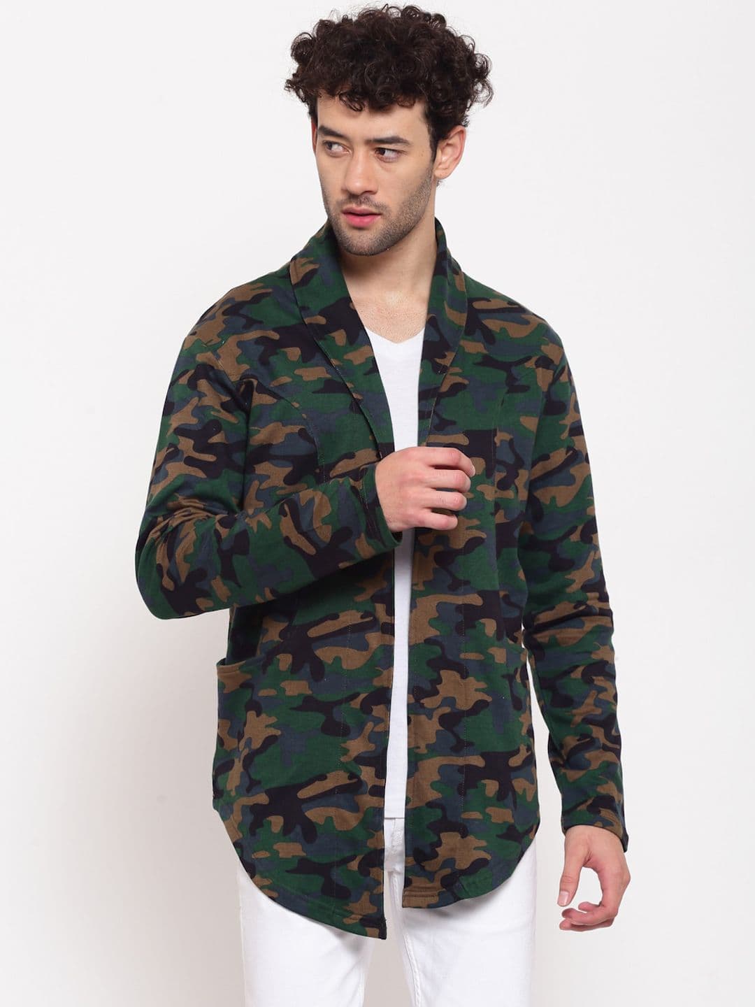 PAUSE SPORT Men Green Camouflage Antimicrobial Longline Open Front Jacket - view 1
