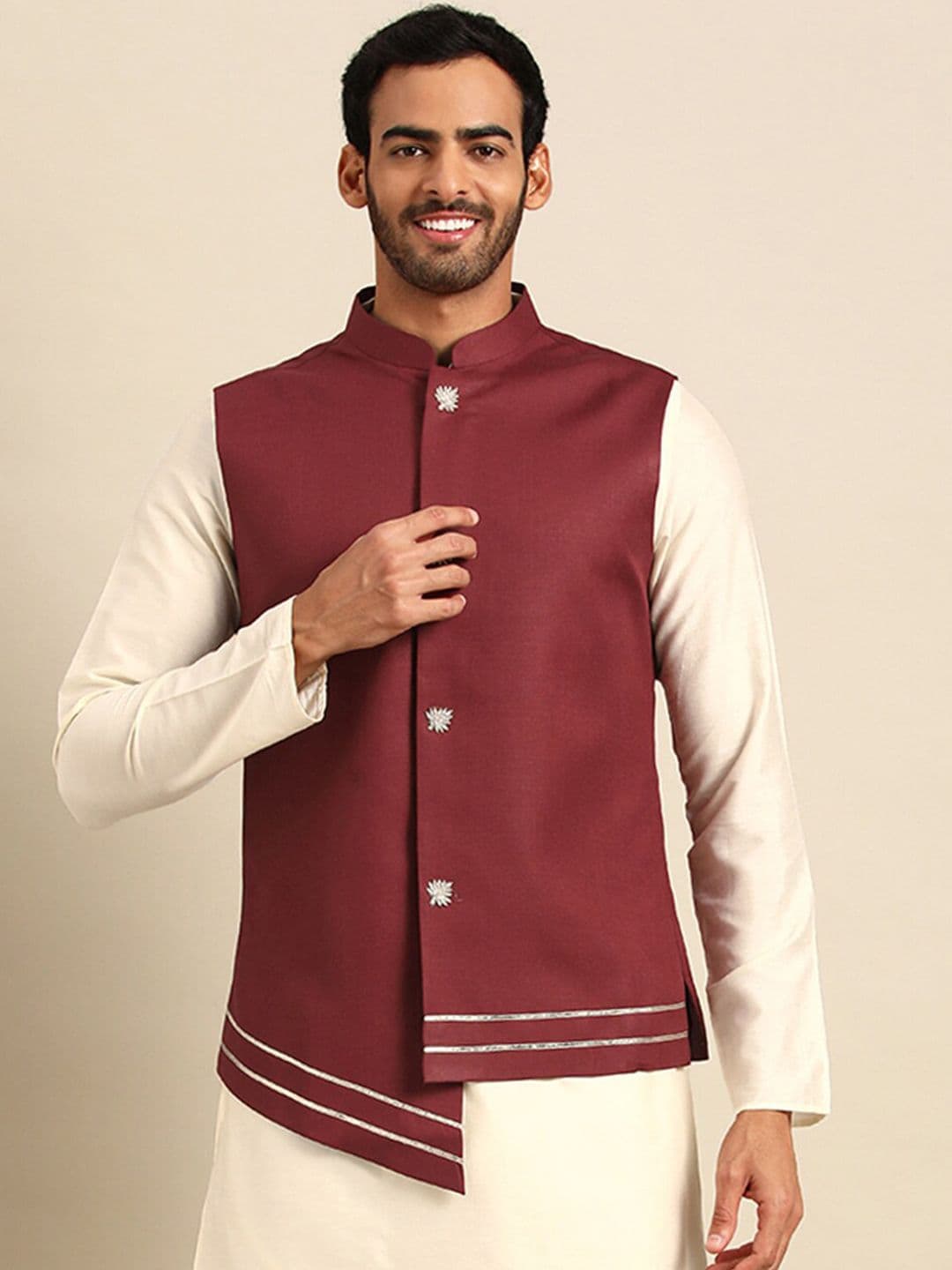 KISAH Men Maroon Solid Nehru Jacket - view 1