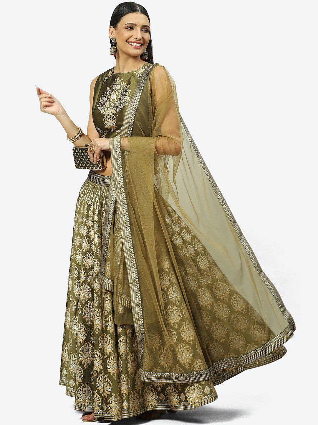 Biba Olive Green & Silver-Toned Printed Lehenga Choli With Dupatta - view 1