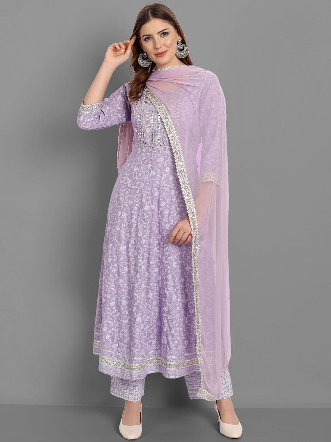 SINGNI Women Purple Ethnic Motifs Embroidered Mirror Work Kurta with Trousers & Dupatta - view 1