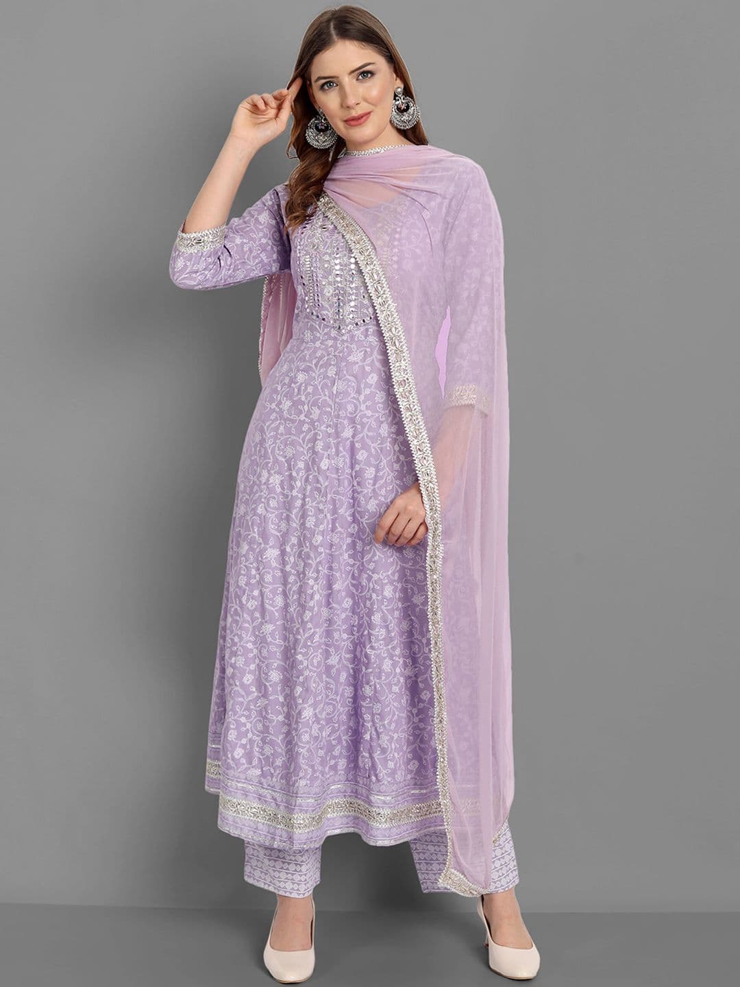 SINGNI Women Purple Ethnic Motifs Mirror Work Kurta with Trousers & Dupatta - view 1