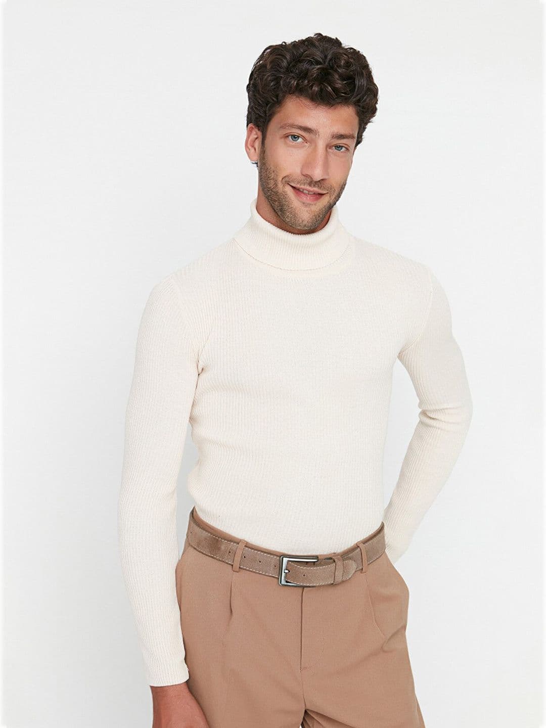 Trendyol Men Off White Ribbed Pullover - view 1