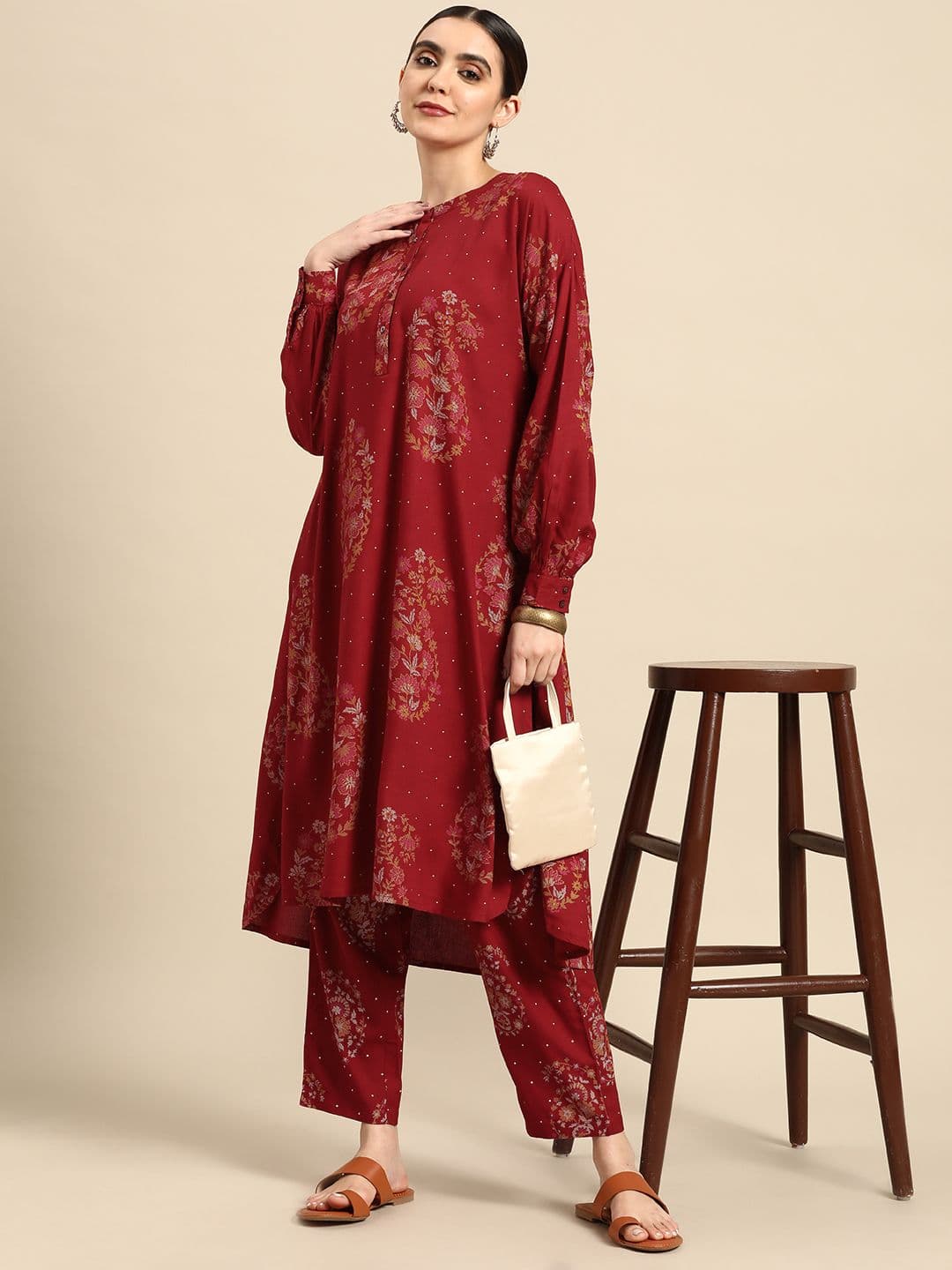 Anouk X fwd Women Paisley Printed Pleated High-Low Kurta with Trousers - view 1