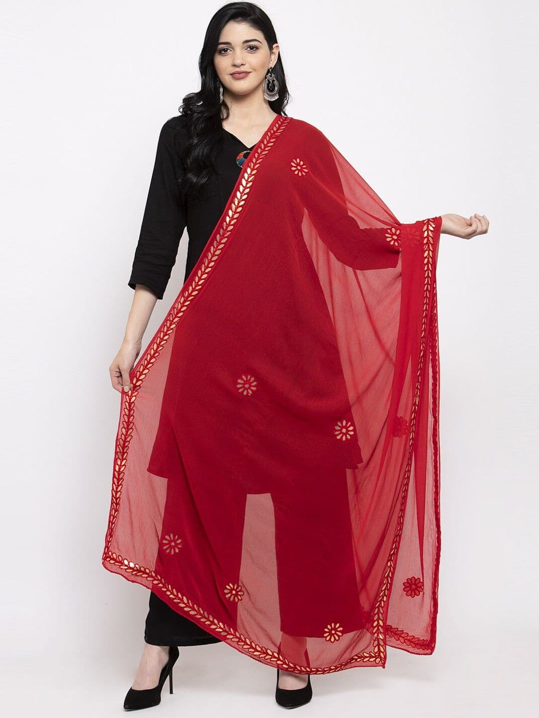 Clora Creation Red Embroidered Gotta Patti Dupatta - view 1