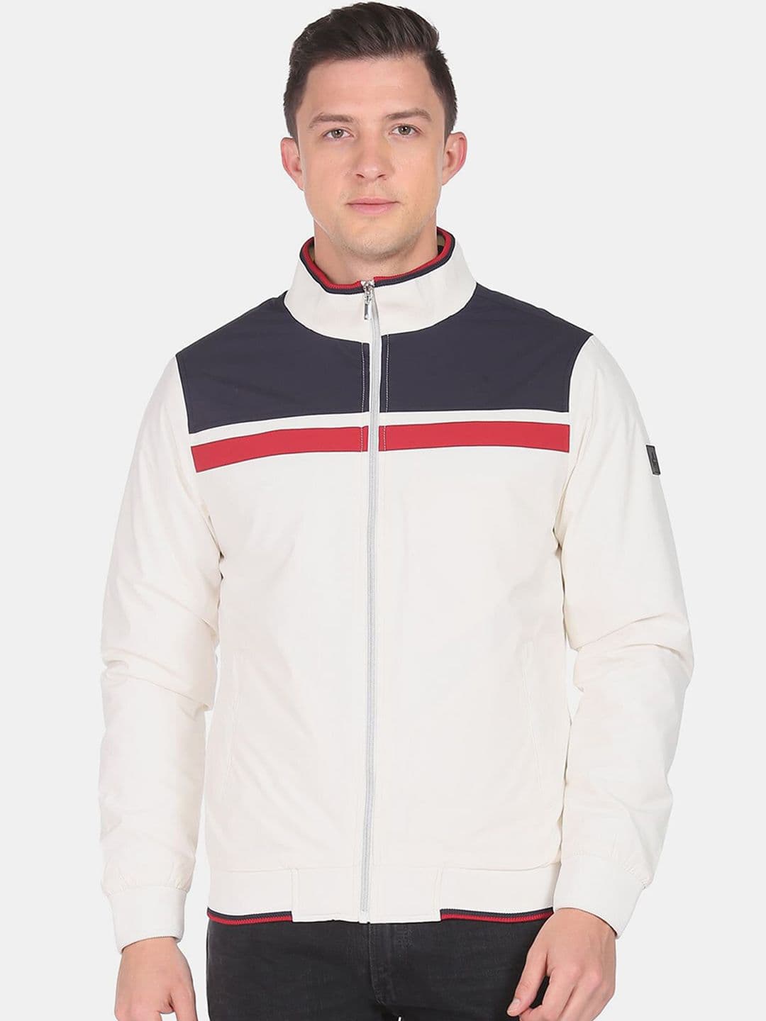Arrow Sport Men White & Navy Blue Colourblocked Bomber Jacket - view 1