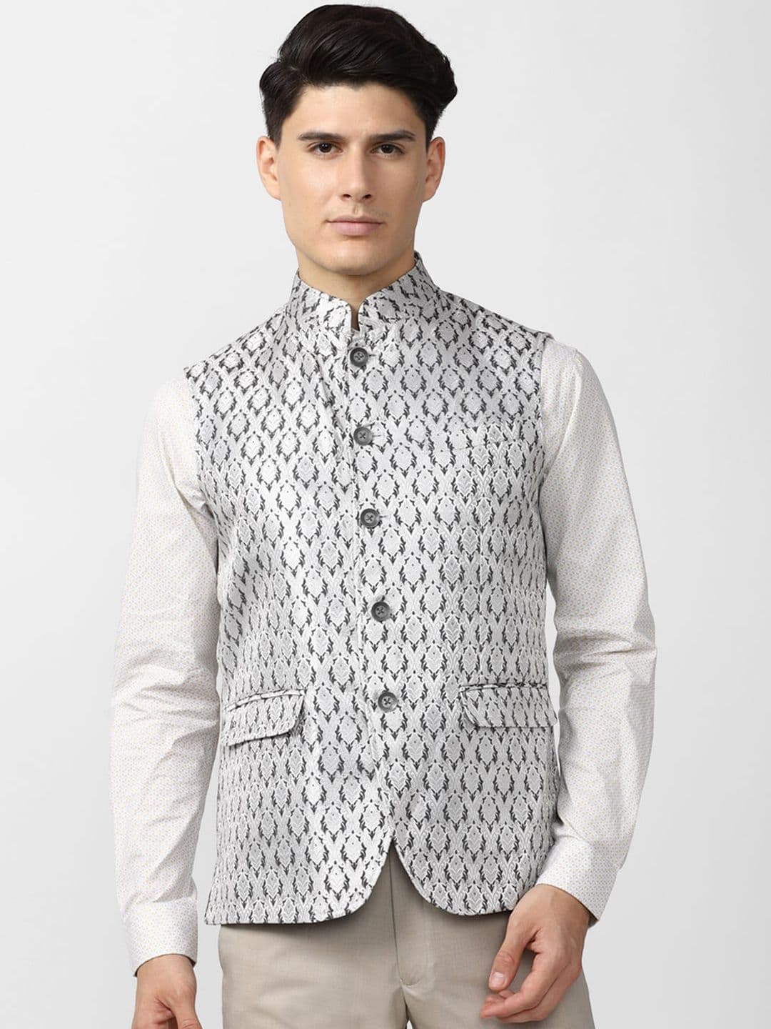 Peter England Elite Men Grey Printed Nehru Jackets - view 1