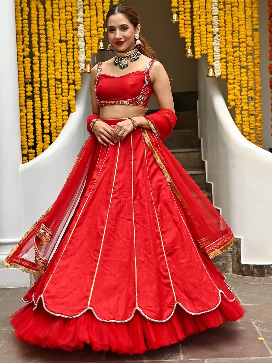 Lavanya The Label Red & Gold-Toned Embellished Beads and Stones Ready to Wear Lehenga & Blouse With Dupatta - view 1