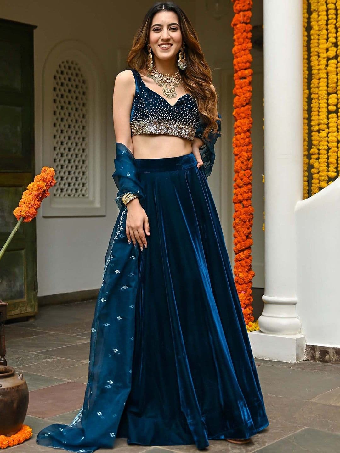 Lavanya The Label Teal & Gold-Toned Embellished Sequinned Ready to Wear Lehenga & Blouse With Dupatta - view 1