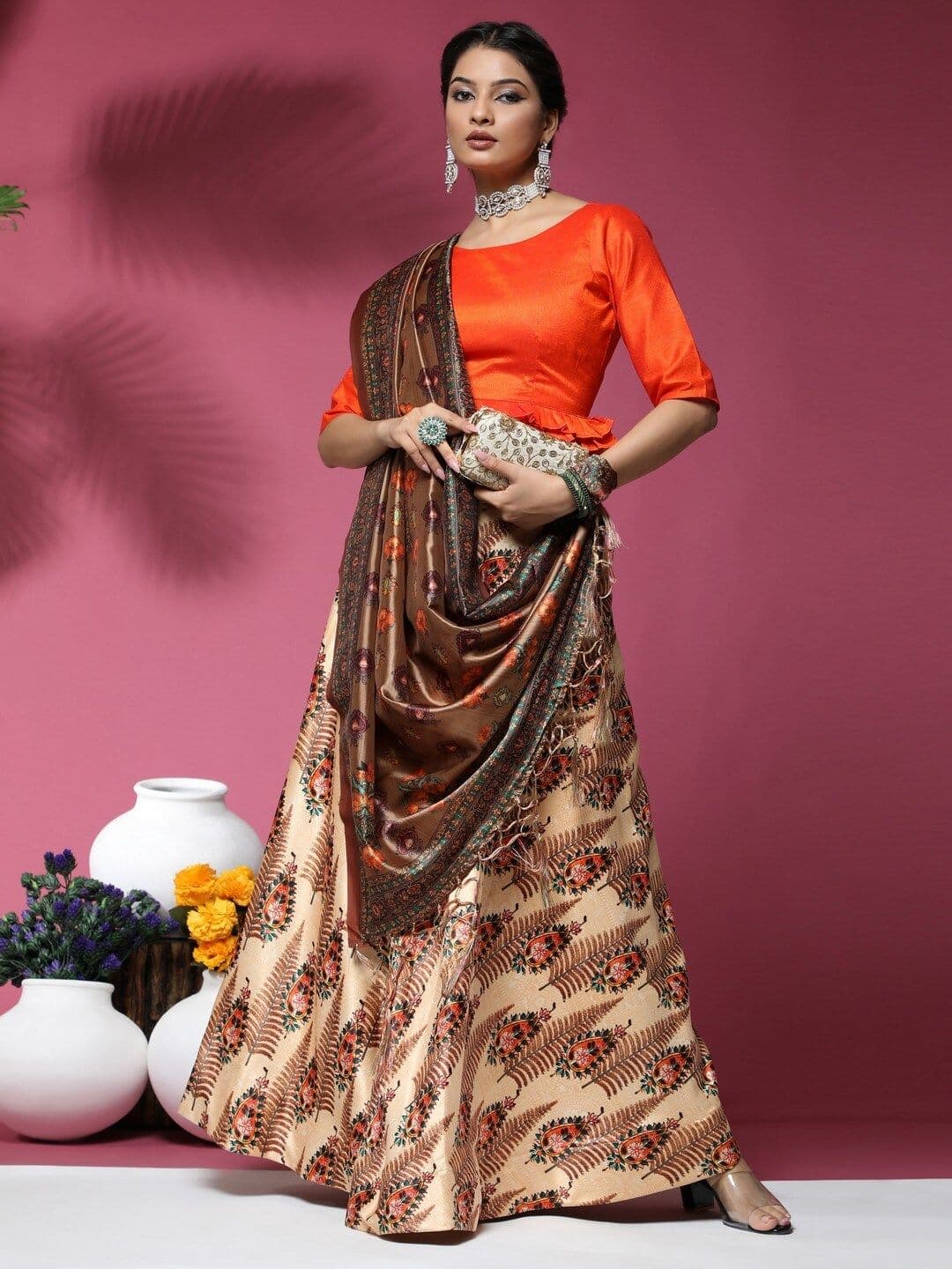 Kaizen TEXO FAB Peach-Coloured & Orange Semi-Stitched Lehenga & Blouse With Dupatta - view 1