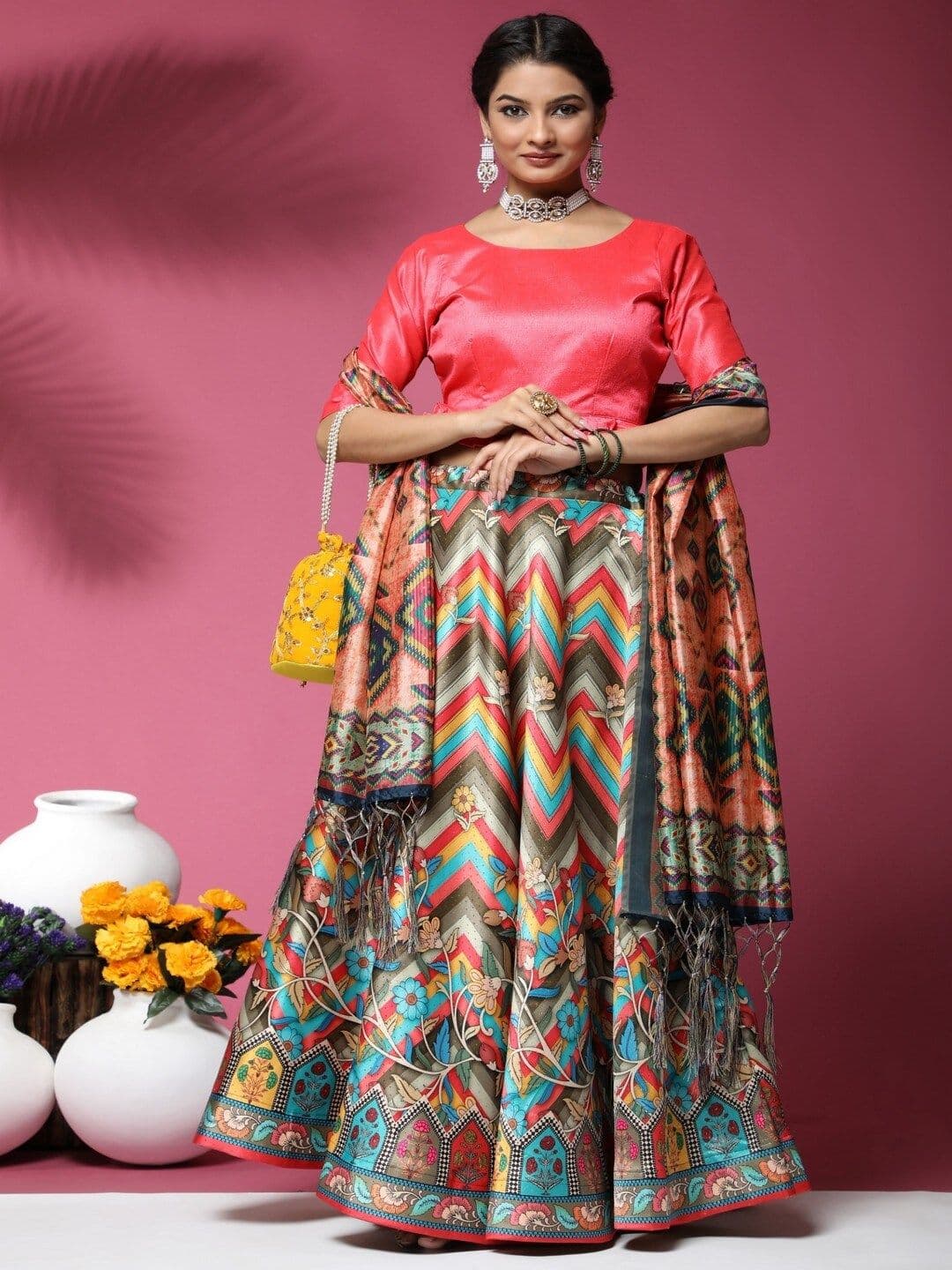 Kaizen TEXO FAB Pink & Peach-Coloured Semi-Stitched Lehenga & Blouse With Dupatta - view 1