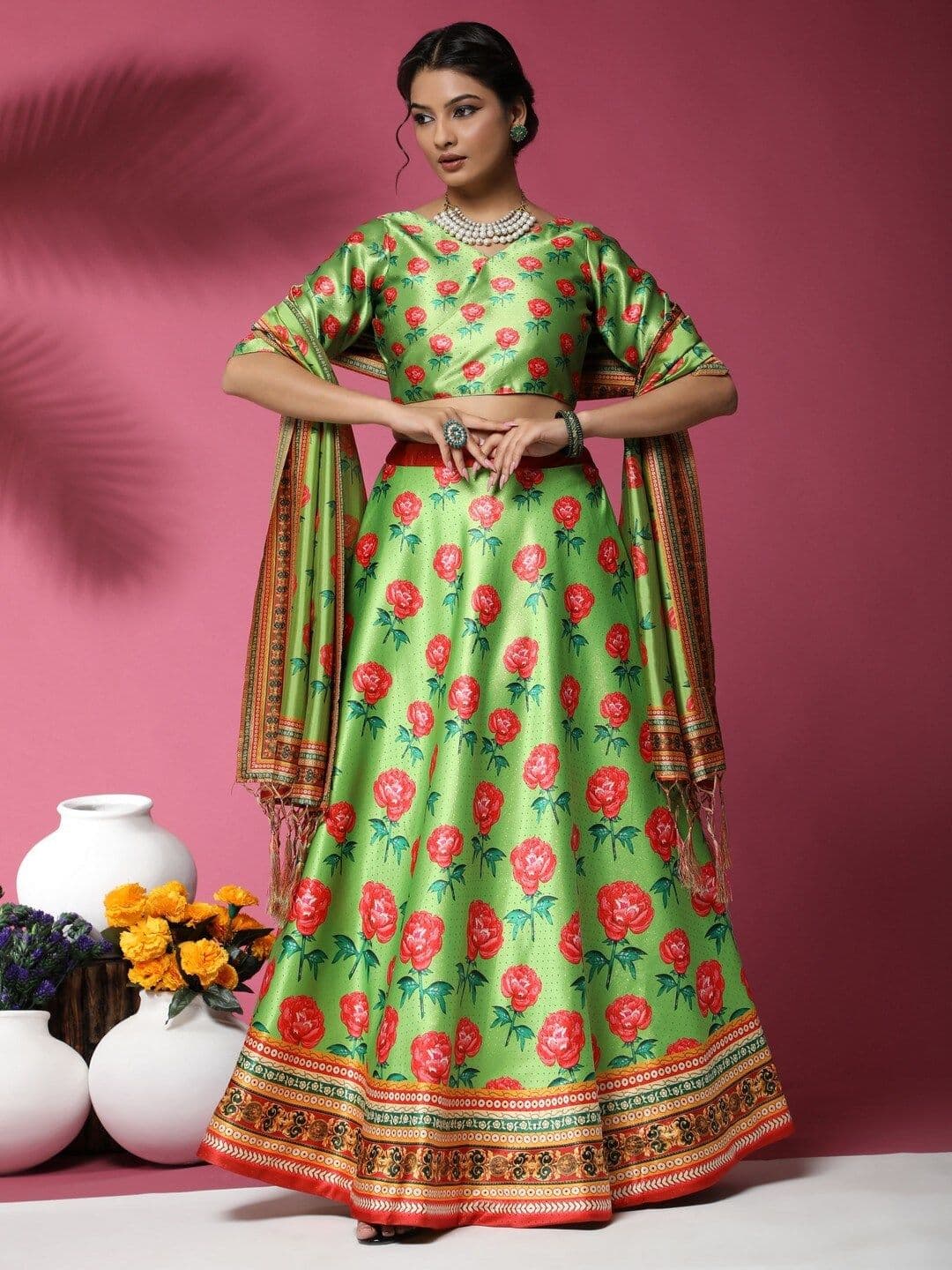 Kaizen TEXO FAB Green & Peach-Coloured Printed Semi-Stitched Lehenga & Blouse With Dupatta - view 1