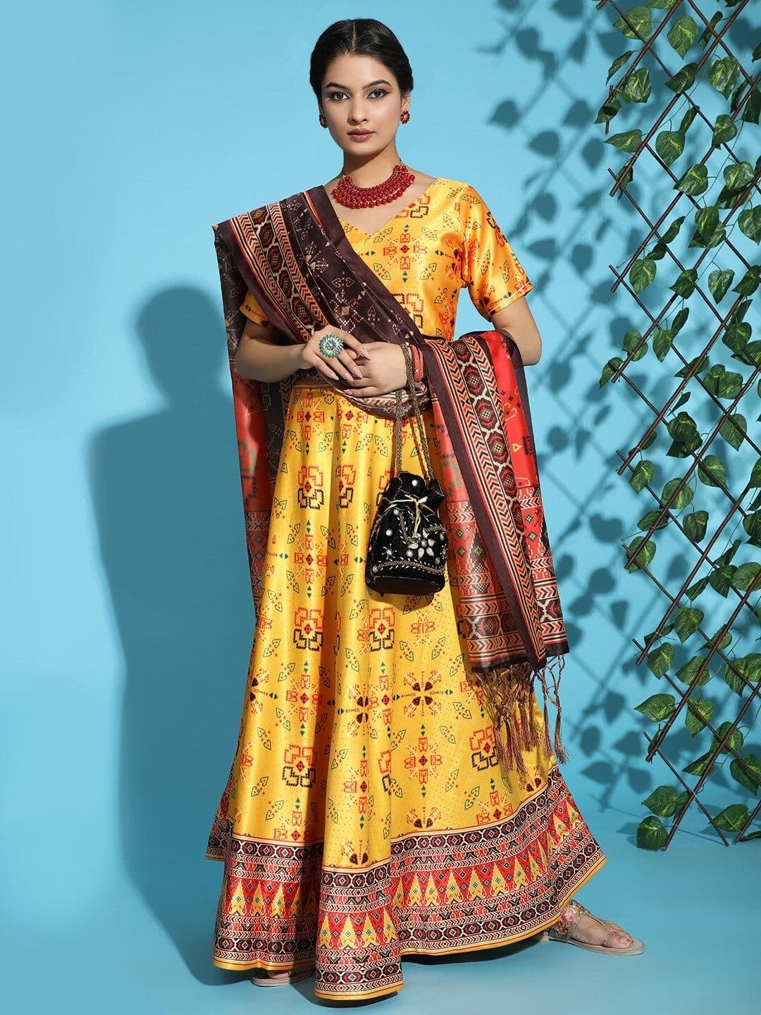 Kaizen TEXO FAB Yellow & Orange Printed Semi-Stitched Lehenga & Blouse With Dupatta - view 1