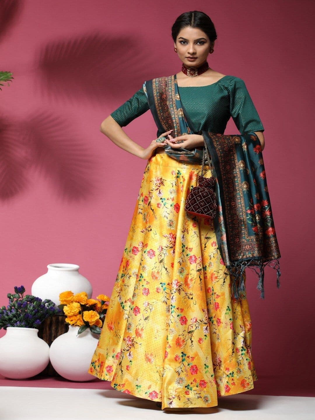 Kaizen TEXO FAB Yellow & Green Printed Semi-Stitched Lehenga & Blouse With Dupatta - view 1