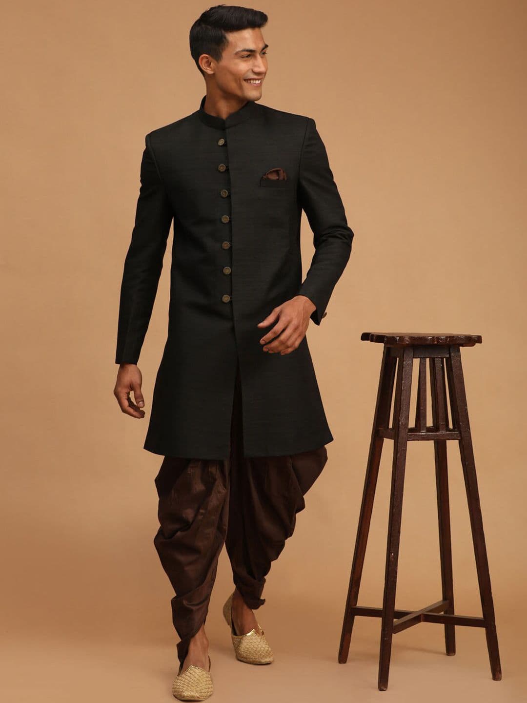 VASTRAMAY Men Black & Coffee Brown Solid Sherwani Set - view 1