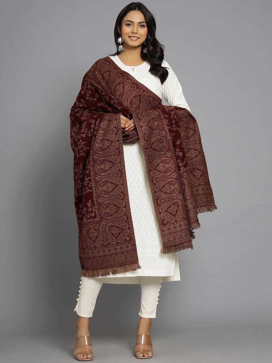 HANDICRAFT PALACE Women Maroon Hand Woven Design Wool Shawl - view 1