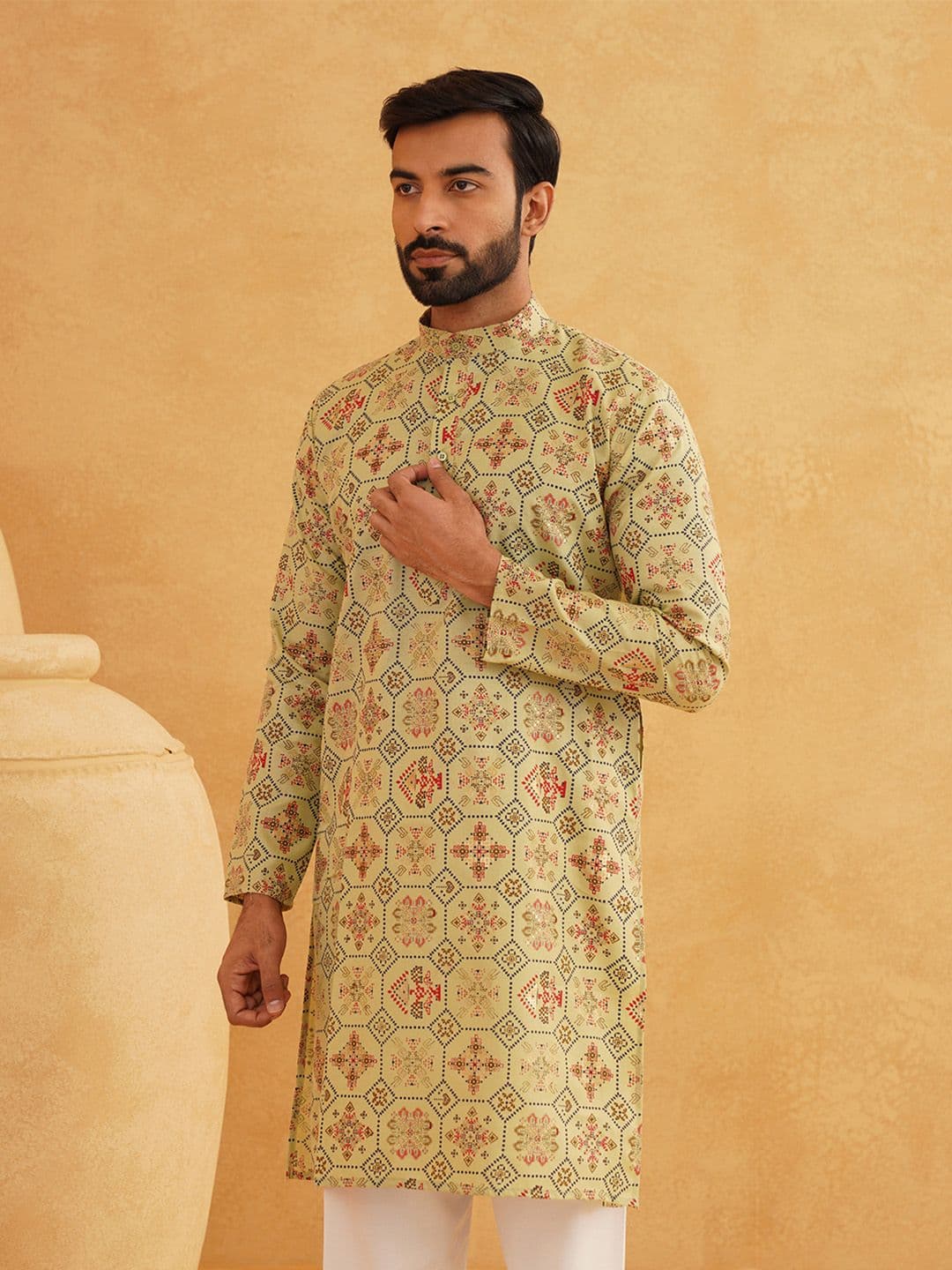 SOJANYA Men Cotton Linen Geometric Printed Straight Kurta - view 1
