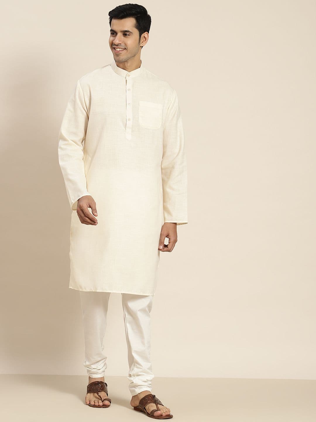 SOJANYA Men Cream-Coloured Solid Kurta - view 1