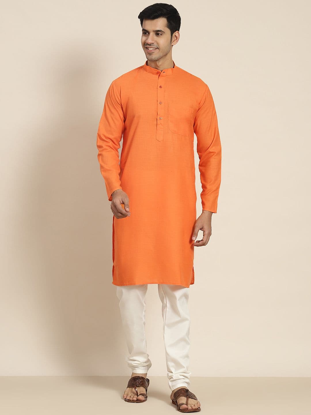 SOJANYA Men Orange Solid Kurta - view 1