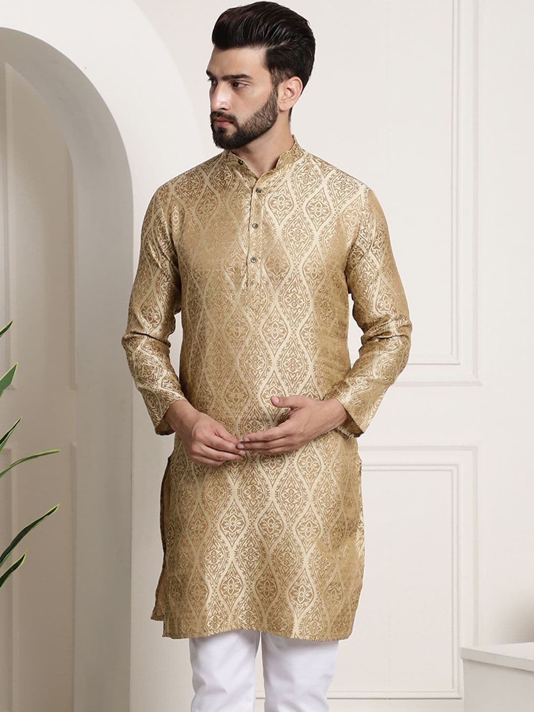 SOJANYA Men Beige Ethnic Motifs Jacquard Kurta - view 1
