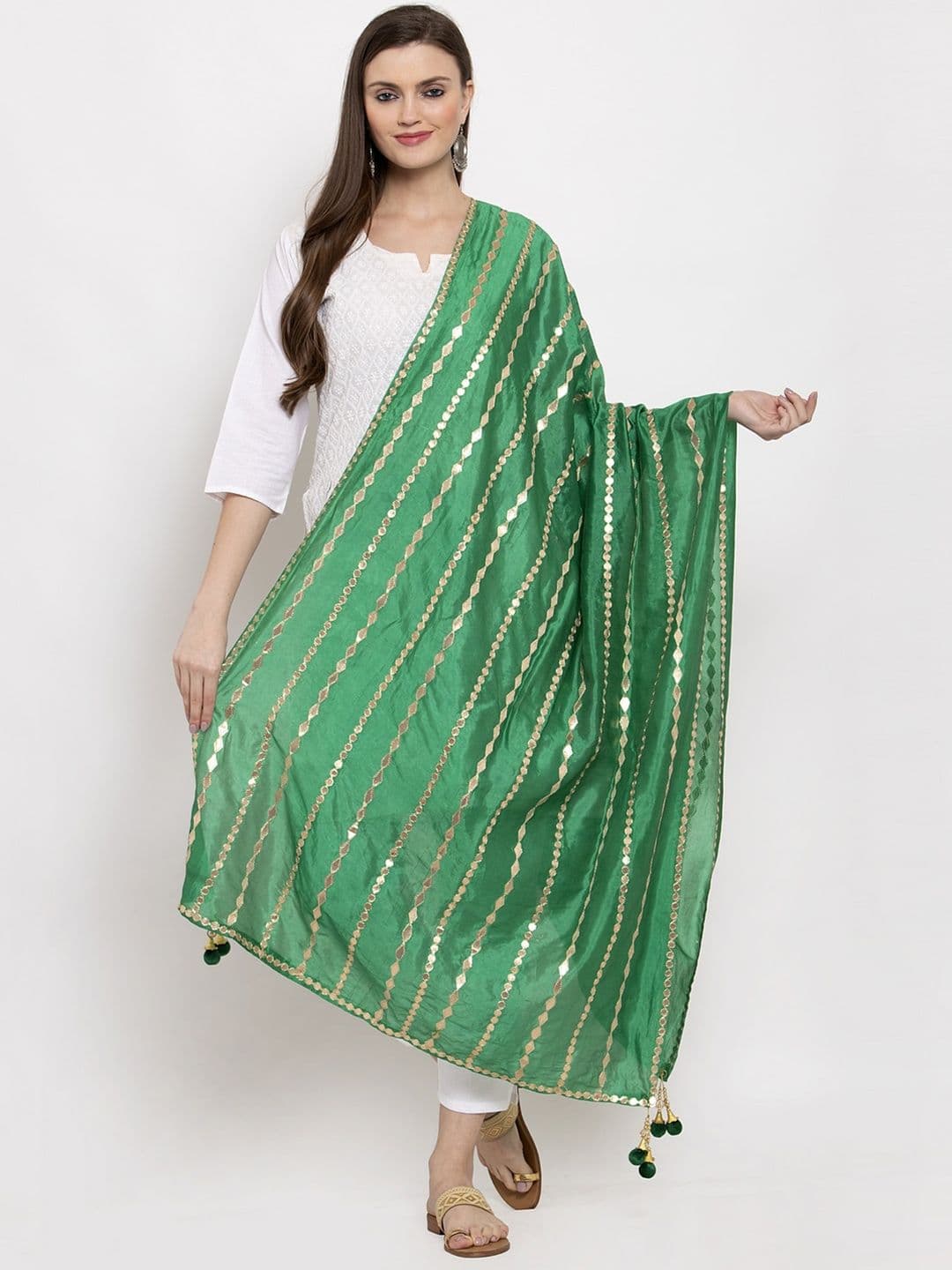 Clora Creation Green & Gold-Toned Striped Dupatta with Gotta Patti - view 1