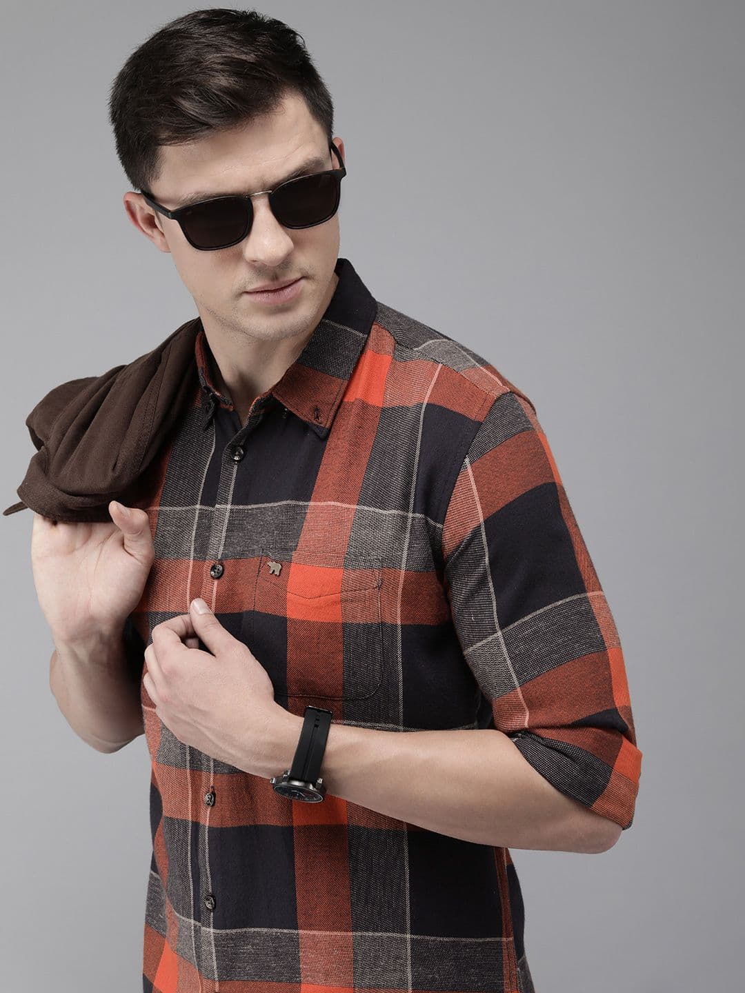 THE BEAR HOUSE Men Orange & Navy Blue Pure Cotton Slim Fit Buffalo Checked Casual Shirt - view 1