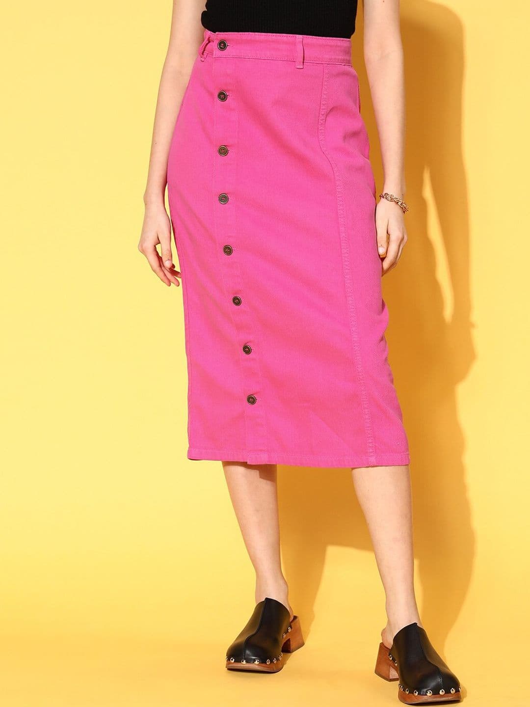 SASSAFRAS Women Pink Solid Denim Midi Pencil Skirt - view 1