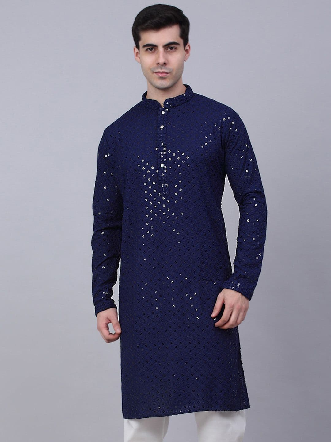 Jompers Men Ethnic Motifs Mirror Work Indigo Cotton Kurta - view 1
