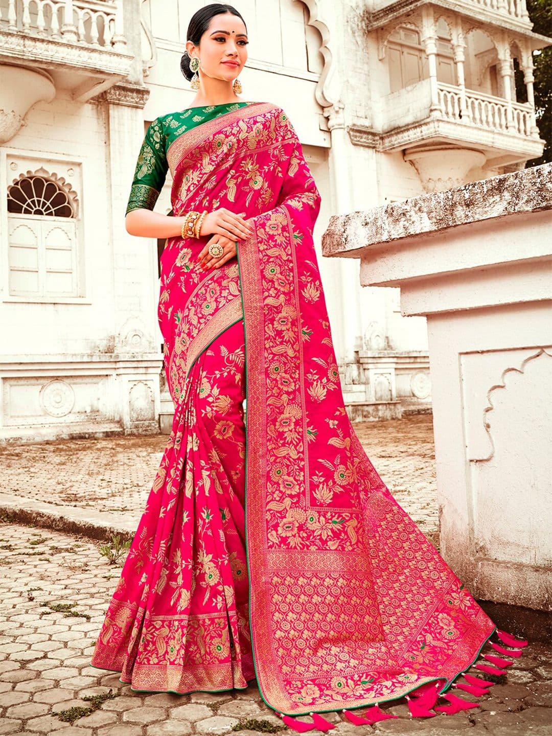 MONJOLIKA FASHION Magenta & Green Ethnic Motifs Zari Silk Blend Banarasi Saree - view 1