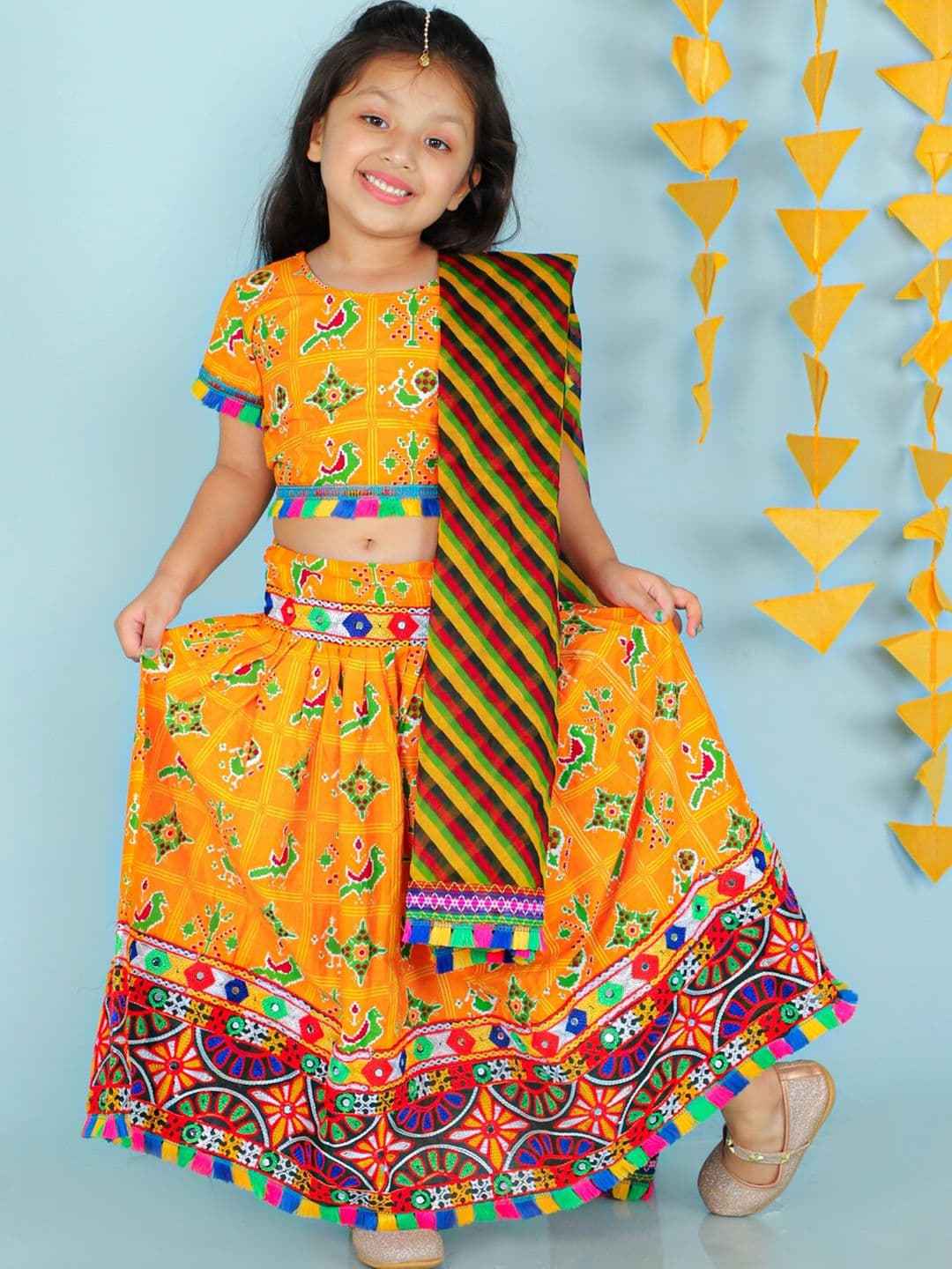 KID1 Girls Yellow & Green Printed Cotton Ready to Wear Lehenga & Blouse With Dupatta - view 1