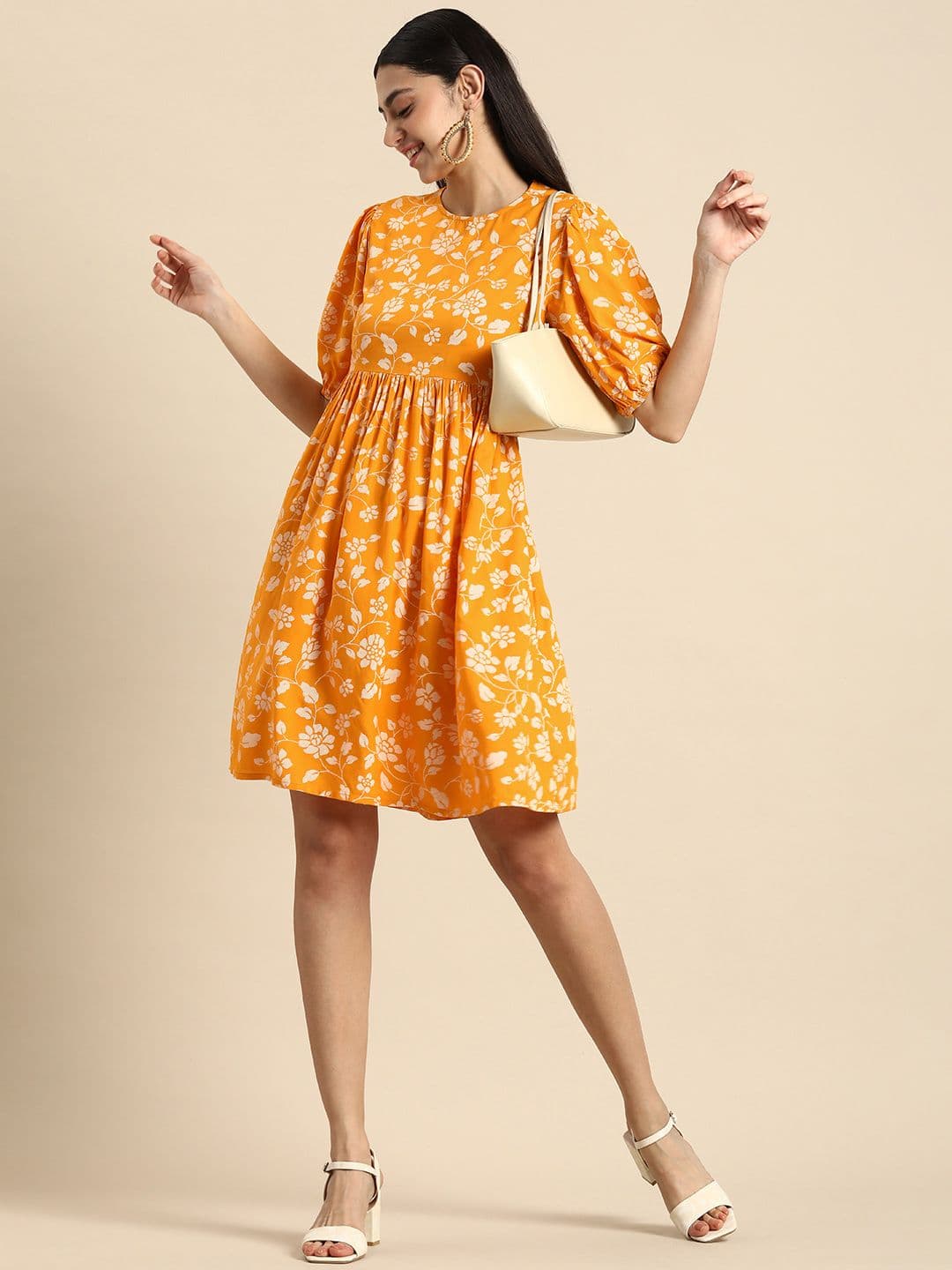 Anouk X fwd Puff Sleeves Styled Back Floral Fit & Flare Dress - view 1