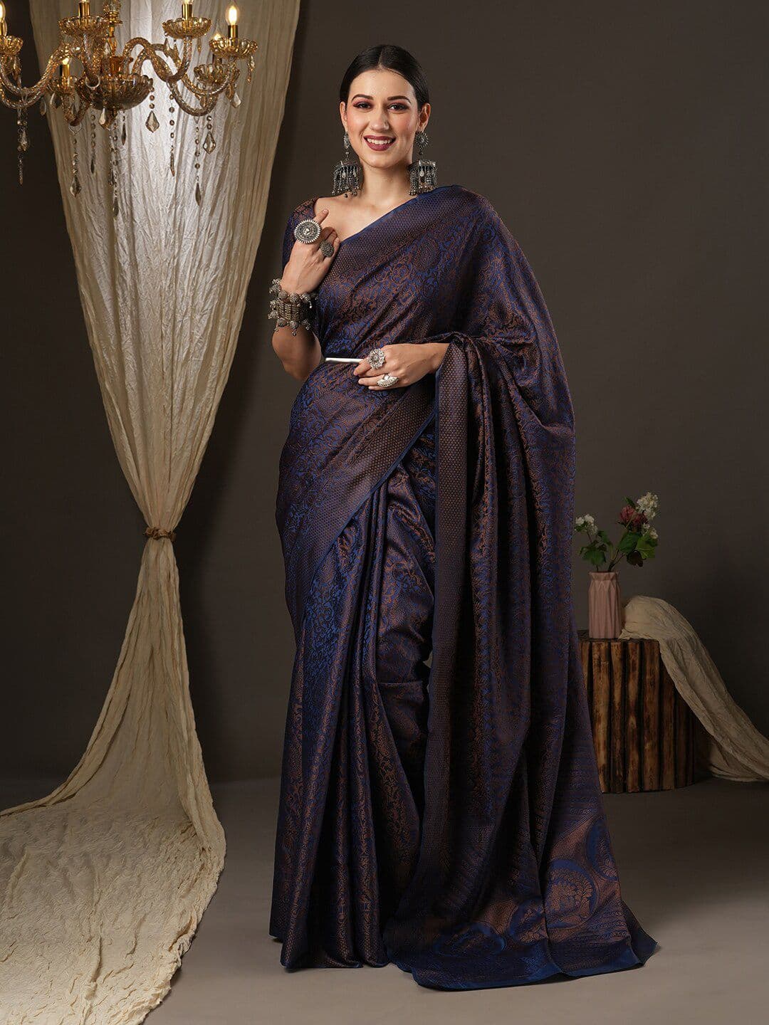 Saree mall Navy Blue & Gold-Toned Woven Design Zari Silk Blend Banarasi Sarees - view 1