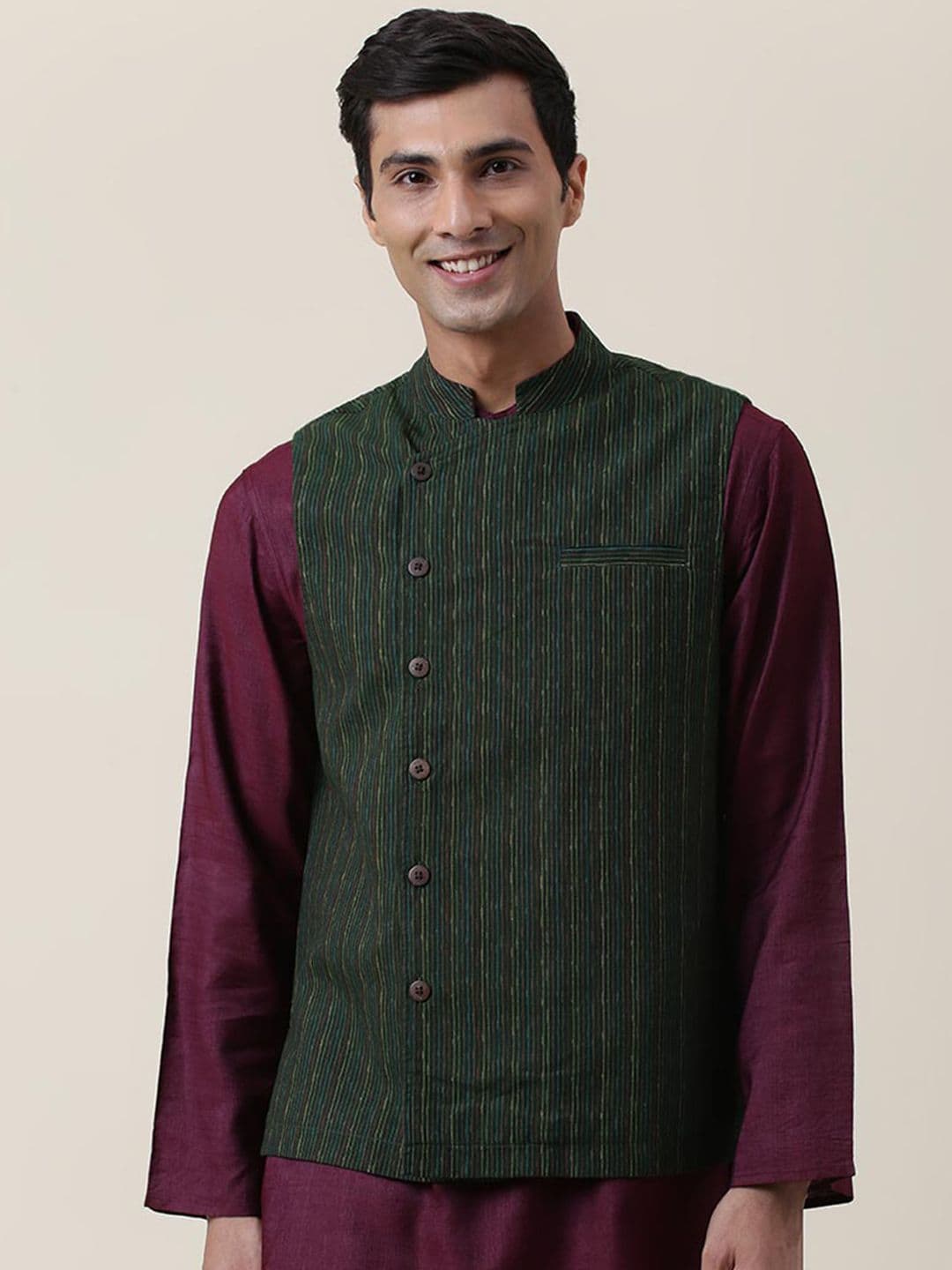 Fabindia Men Green Woven Design Pure Cotton Nehru Jacket - view 1