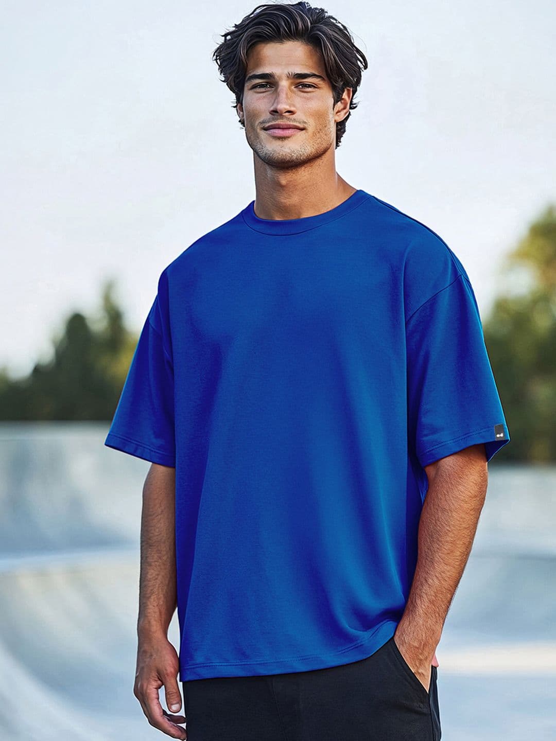 Bewakoof Men Blue Drop-Shoulder Sleeves Pure Cotton Oversized T-shirt - view 1