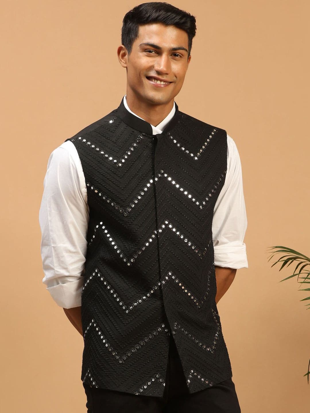VASTRAMAY Men Black Mirror Work Embellished Nehru Jackets - view 1