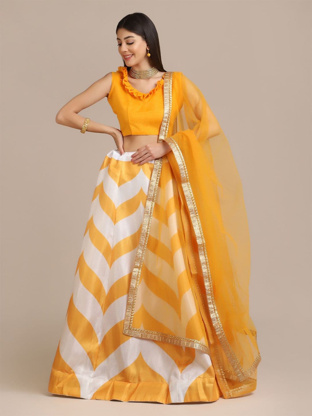 Warthy Ent Yellow & White Semi-Stitched Lehenga & Unstitched Blouse With Dupatta - view 1