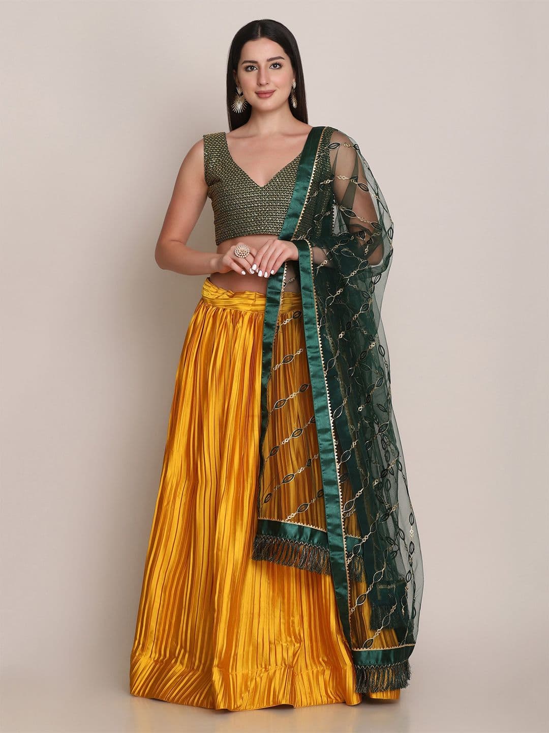 Warthy Ent Yellow & Green Embellished Semi-Stitched Lehenga & Unstitched Blouse & Dupatta - view 1
