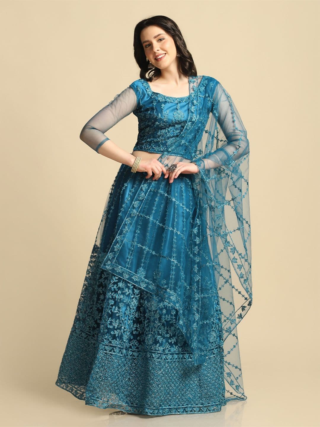 Warthy Ent Turquoise Blue Embroidered Semi-Stitched Lehenga & Unstitched Blouse &Dupatta - view 1