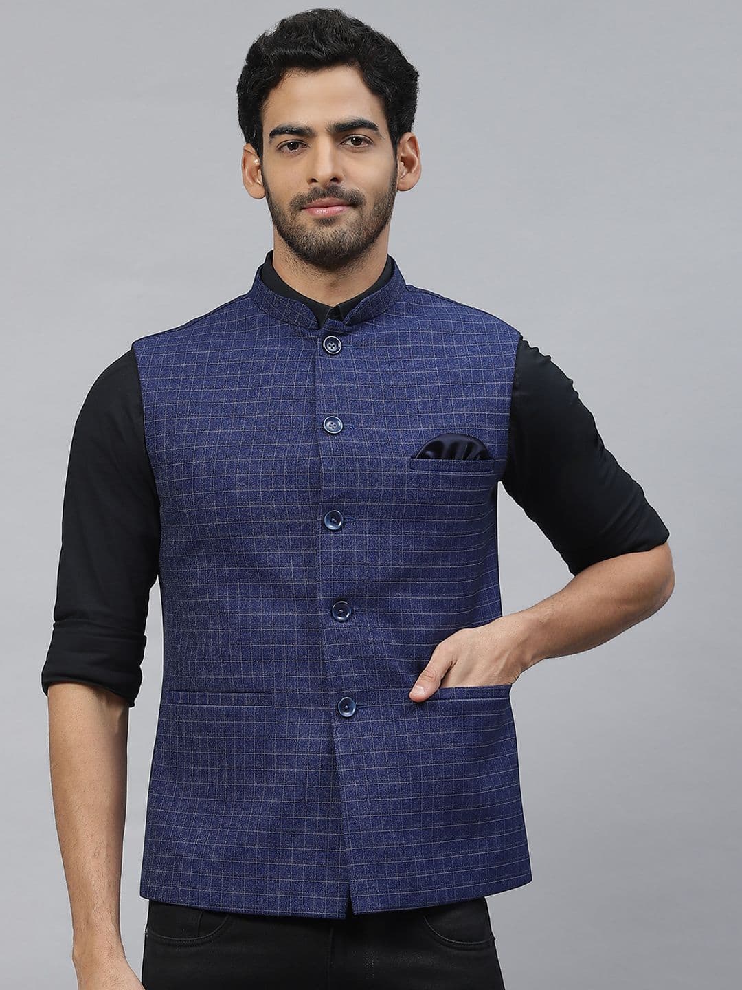 ESSAS club Men Checked Nehru Jacket with Pocket Square - view 1