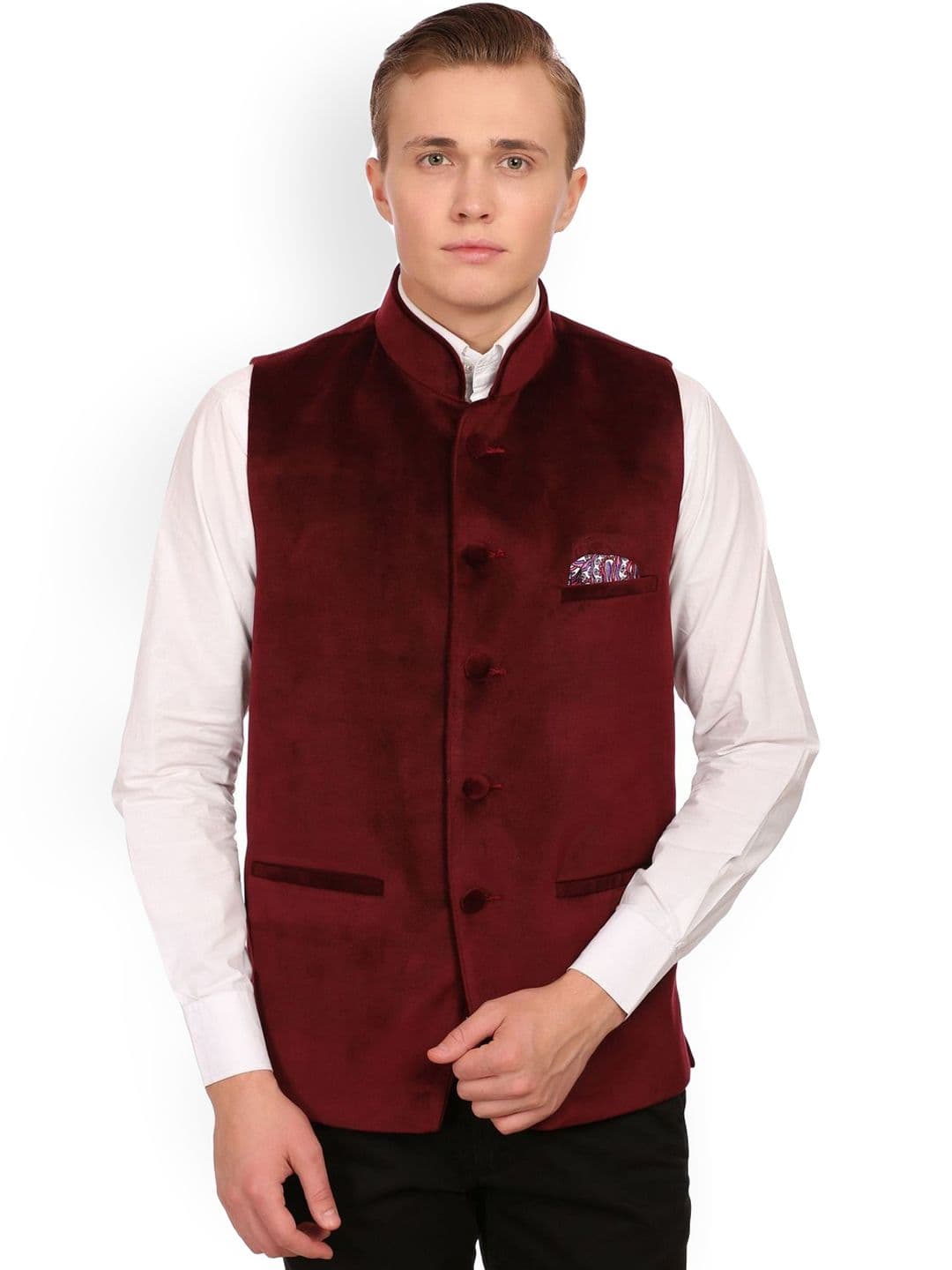 Wintage Maroon Velvet Nehru Jacket - view 1
