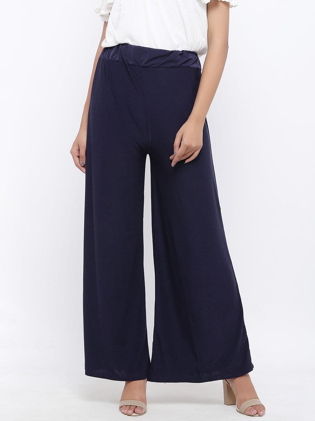 SOUNDARYA Women Navy Blue Solid Knitted Chiffon Palazzos - view 1