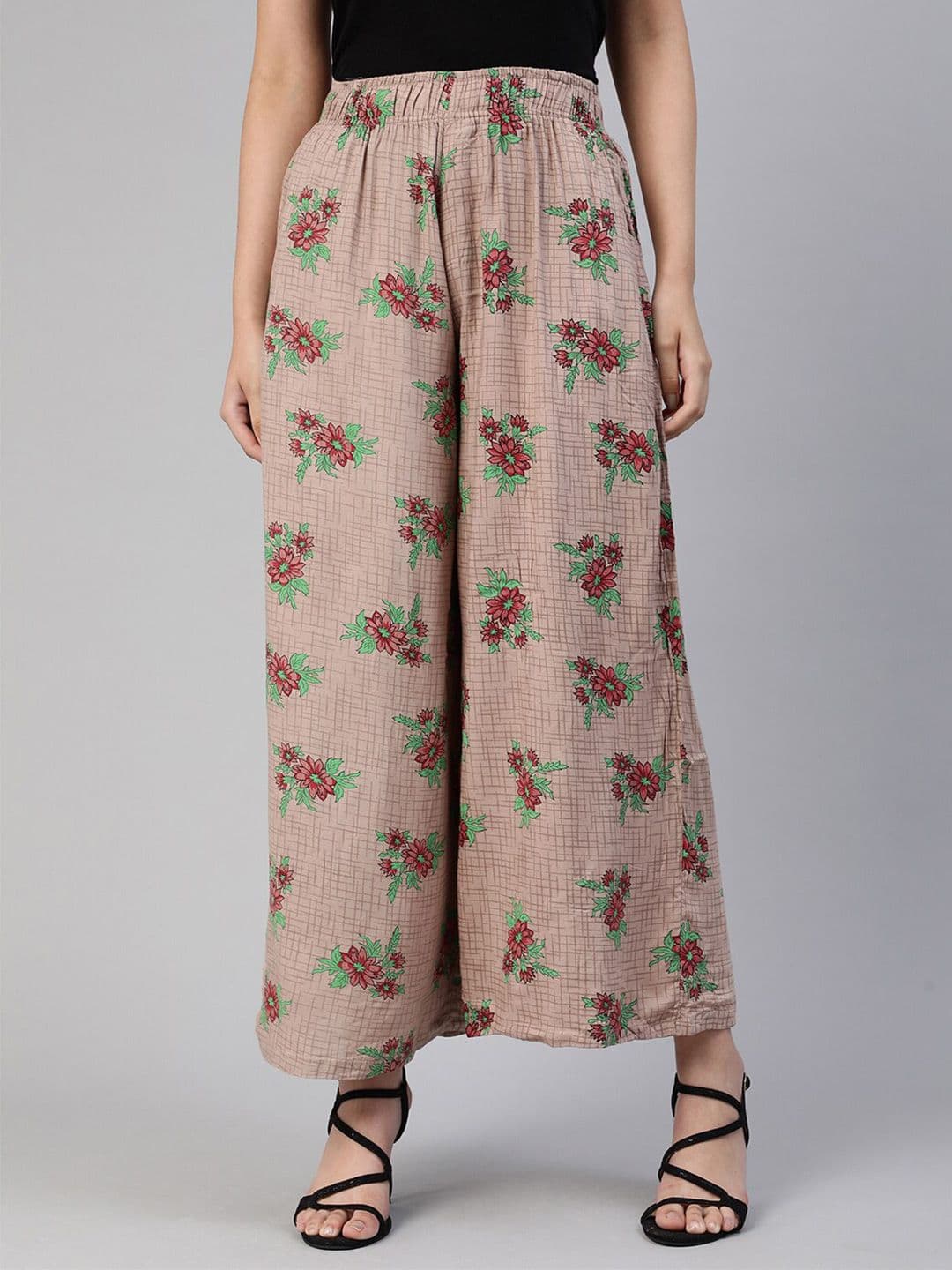 LYRA Women Brown Floral Printed Flared Knitted Palazzo - view 1