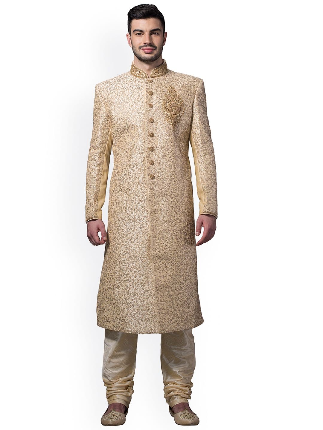 Manyavar Cream Embroidered Silk Sherwani