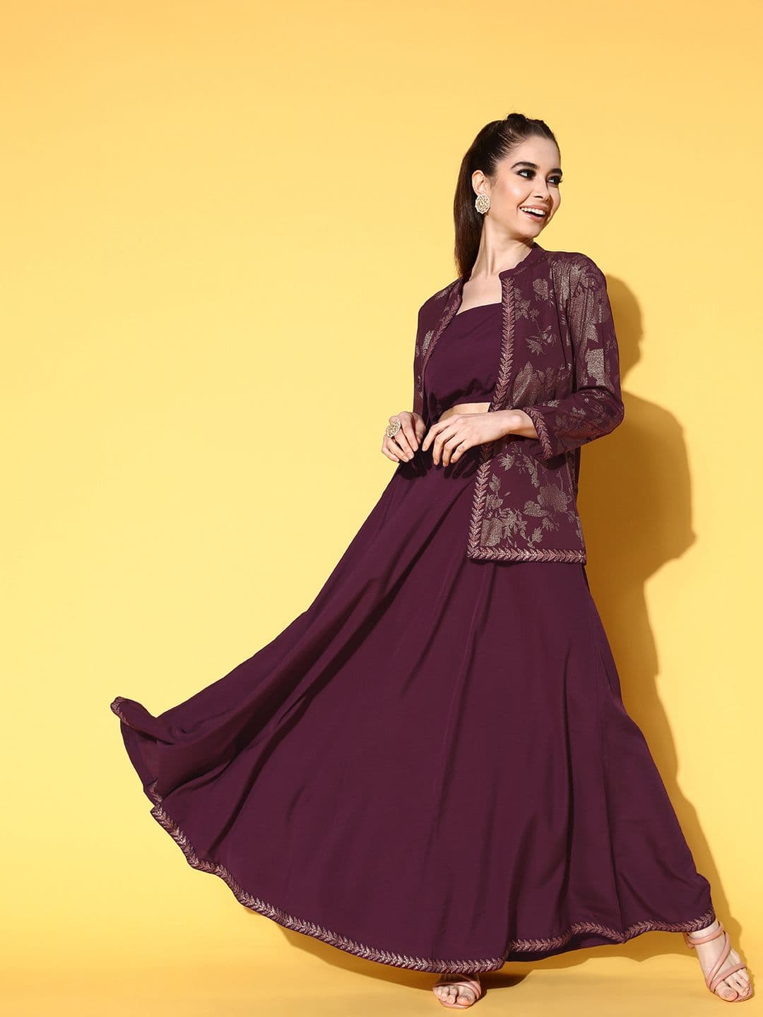 Ahalyaa Women Burgundy Top With Skirt & With Jacket - view 1