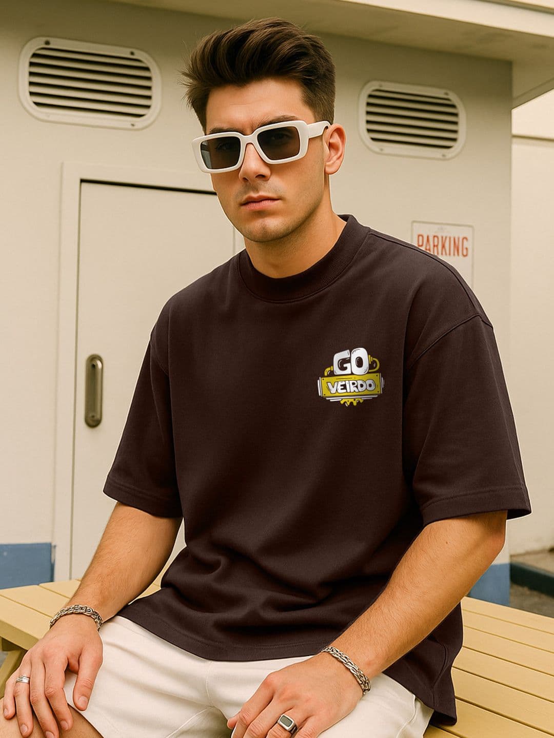 VEIRDO Men Brown Pocket Print Oversize T-shirt - view 1